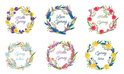 Vector flowers in circle isolated on white background. Spring time: daffodils, tulips, hyacinths, tulips, muscari, daisies.Round frame for your design, greeting cards, wedding announcements, posters. 
