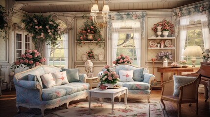 Fototapeta na wymiar Enchanted Cottagecore: Cozy Living Room with Whimsical Rustic Charm