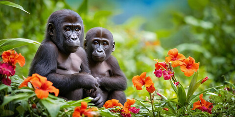 A baby gorilla among tropical flowers against the backdrop of a green jungle.