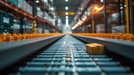 High-tech warehouse, close up shot, with a high level of electronics, equipped to store and sort goods