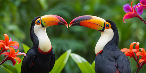 Obraz premium Two toucan birds sit on branches against a background of tropical plants.