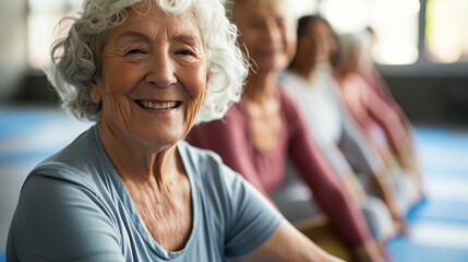 Seniors doing yoga with smiles in a retirement home - obrazy, fototapety, plakaty