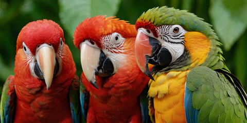 Multi-colored tropical parrots against a background of green plants, close-up in front of the camera.