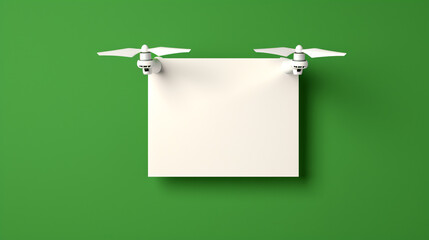 Small drones hold a blank sheet of paper on a green background