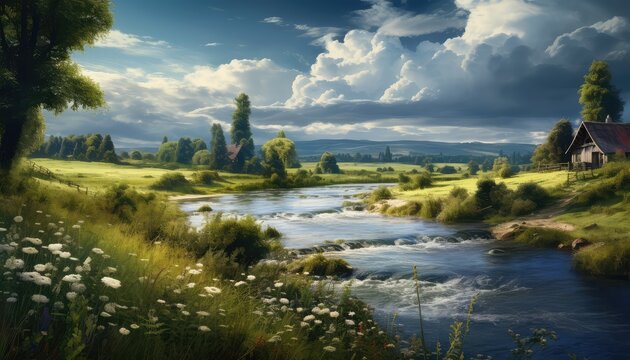 meadow and river rural landscape hd wallpaper
