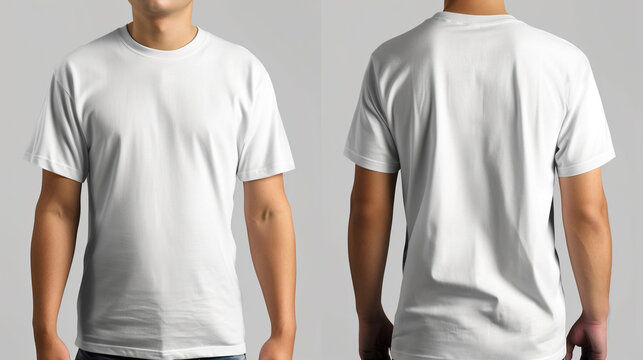 Man wearing white t-shirt isolater on white background. Set of tho mock-ups, view from the front and from the back.
