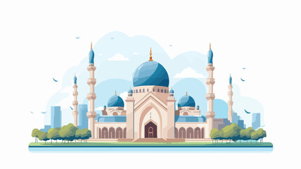 Islamic mosque building flat vector illustration. - obrazy, fototapety, plakaty