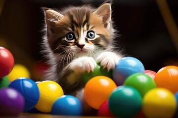 Cute siberian kitten playing with colorful balls on black background