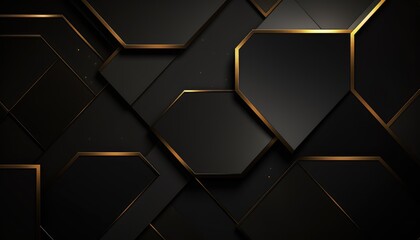 Luxury hexagonal abstract black metal background with golden light lines. Dark 3d geometric texture illustration. Bright grid pattern. Pure black horizontal banner wallpaper. Carbon elegant wedding --