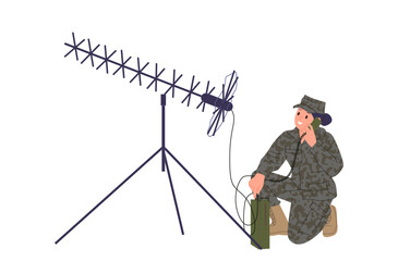 Fototapeta premium Military woman cartoon character working with radio communications in army isolated on white