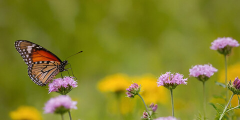 Butterflies fluttering over wildflowers in a meadow in the summer.