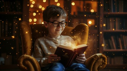 Kid is reading an old fantasy book with magic dust