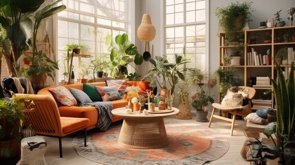 Eclectic Boho-Chic: Artistic Living Room with Diverse Textures and Colors - obrazy, fototapety, plakaty