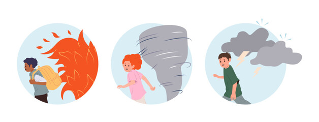 Children cartoon characters running in fear from fire, tornado and thunderstorm natural disaster