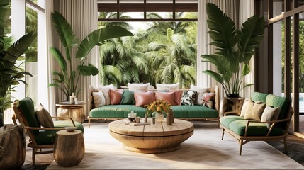 Fototapeta premium Exquisite Escape: Exotic Luxury Living Room with Worldly Elegance
