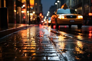AI generated illustration of a taxi parked on a wet street at night