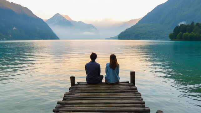 AI generated illustration of a couple sitting on a wooden pier in a lake in mountains