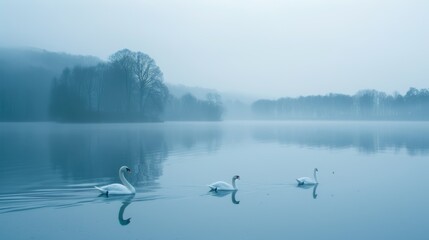 Majestic Swans Gliding Peacefully on Calm Lake AI Generated.