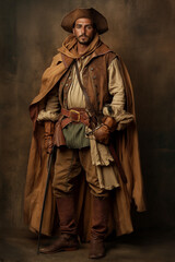 Naklejka premium Medieval conquistador in ethnic clothes