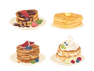 Sweet pancakes stack with honey, maple syrup, melted chocolate topping, whipped cream on plate