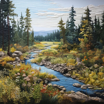 Landscape with a river and mountains in the background. Digital painting.