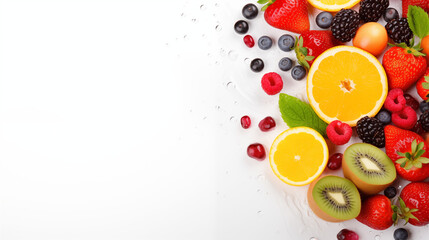 Various fresh fruits with waterdrops, white background, text space