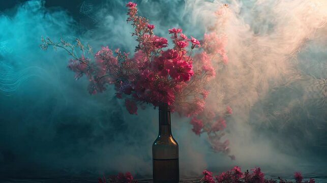 loop video of smoke around red flower buket arrangement on wine bottle dark loop video