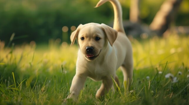 Adorable Puppy Playing in Green Meadow Stock Image.