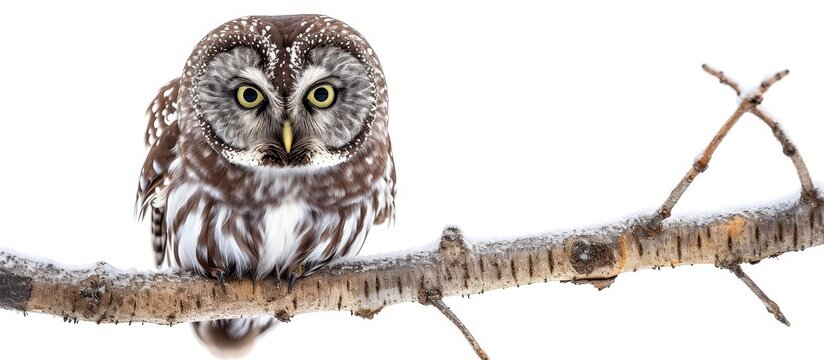 Isolated on a white background, a boreal owl peers from a branch with vigilance.