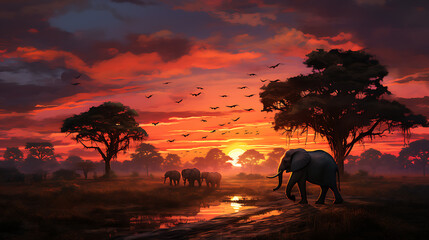 Fototapeta na wymiar herd of elephants on sunset