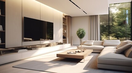 Fototapeta na wymiar Future Ready: High-Tech Smart Living Room with Cutting-Edge Technology