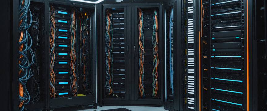 High performance data servers. Glowing cables, high bandwidth. Ultra high performance servers in data center rack, operating at full load. 
