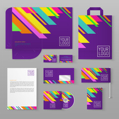 Purple stationery template design with multicolored lines. Set of business corporate identity mock up. Documentation for business.

