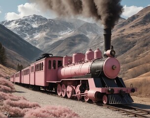 Fototapeta premium Pink steam train in the mountains