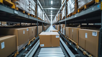 Fototapeta premium High-tech warehouse, close up shot, with a high level of electronics, equipped to store and sort goods