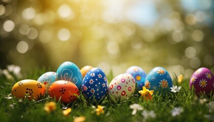 Various Colorful Easter Golden eggs and spring flowers in Green Grass background