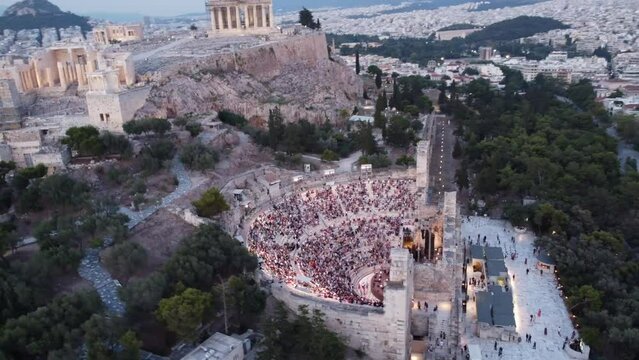 Short Aerial High speed over the Odeon of Herodes Atticus at Evening