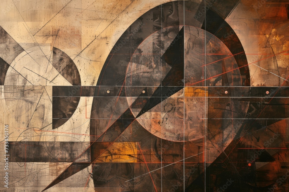 Poster a mesmerizing abstract painting featuring two circles, one adorned with bold red lines, evoking a se
