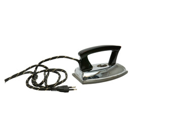 small old electric iron isolated on white background. Vintage small metal retro iron with cable