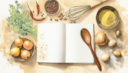recipe book and ingredients with spices and tools - obrazy, fototapety, plakaty