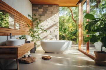 Luxurious bright modern bathroom with new fixtures, tiles, and floor-to-ceiling windows