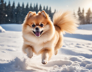 Obraz premium Pomeranian Dog Jumping In Snow
