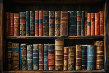 .A dark wooden bookshelf littered with many old colorful books of various sizes.