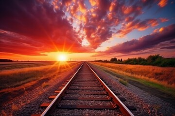 Fototapeta premium Spectacular sunset. enchanting railway track disappearing into the mesmerizing horizon