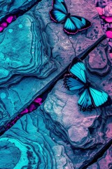 Vibrant hues of turquoise, teal, and aqua dance across the canvas in a whimsical display of childlike art, with a lone butterfly perched upon a purple rock, creating an abstract masterpiece bursting 