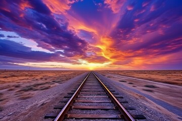 Obraz premium Breathtaking railway track disappearing into the mesmerizing horizon at the stunning sunset
