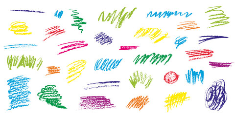 Vector Set of Hand drawn Charcoal scribbles and scrawls. Grunge pen crayon pencil collection. Hand drawn bright color elements