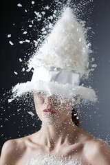A stylish woman gracefully endures a water splash, her fashion-forward hat adorned with flying white powder
