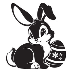 Bunny with Easter egg vector drawing, black silhouette on transparent background, cartoon print for stencil