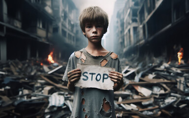 A skinny boy wearing a torn shirt Holding a sign that says stop damaged building background concept of stopping war